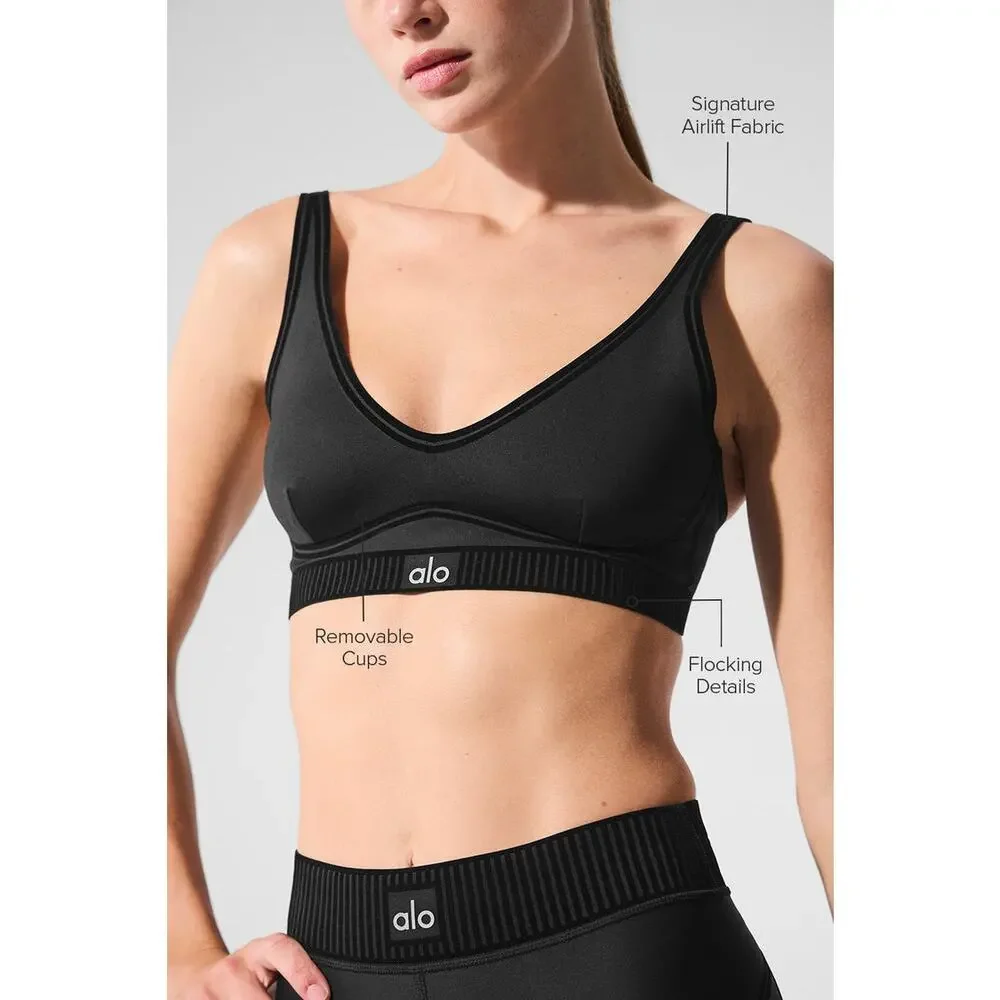 Alo Yoga Airlift Line Up Bra Black Medium Support Athletic Yoga Sports Bra‎